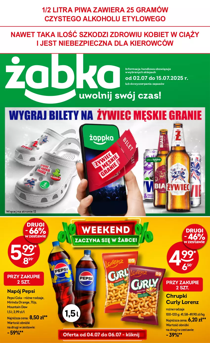 Gazetka promocyjna Żabka - ważna 02.07 do 15.07.2025 - strona 1 - produkty: 7up, Chrupki, Gra, Lorenz, Mirinda, Napój, Pepsi, Piec, Piwa
