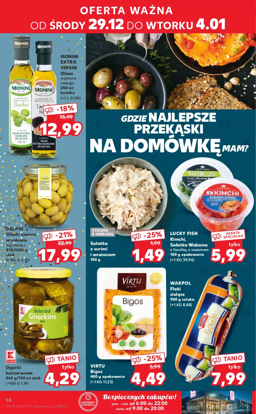 Gazetka promocyjna Kaufland - OFERTA TYGODNIA - ważna 29.12.2021 do 04.01.2022 - strona 14 - produkty: Ananas, Bigos, Fa, Flaki, Gin, Monini, Ogórki konserwowe, Oliwki, Oliwki zielone, Piec, Sałat, Sałatka, Ser, Sezam, Stek, Surimi, Virtu