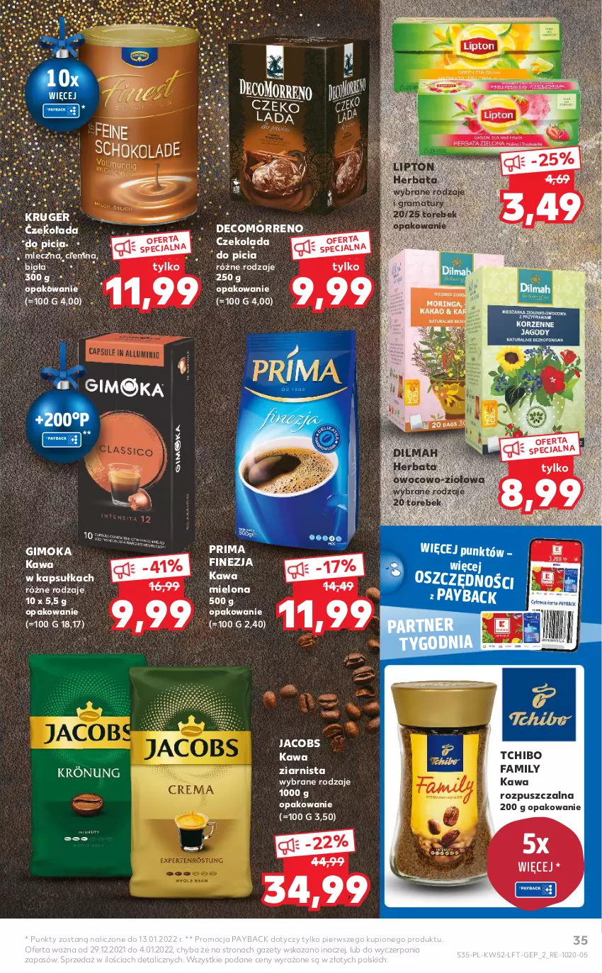 Gazetka promocyjna Kaufland - OFERTA TYGODNIA - ważna 29.12.2021 do 04.01.2022 - strona 35 - produkty: Czekolada, Dilmah, Fa, Gimoka, Gra, Herbata, Jacobs, Kawa, Kawa mielona, Kawa rozpuszczalna, Kawa ziarnista, Lipton, Prima, Rama, Tchibo, Tchibo Family