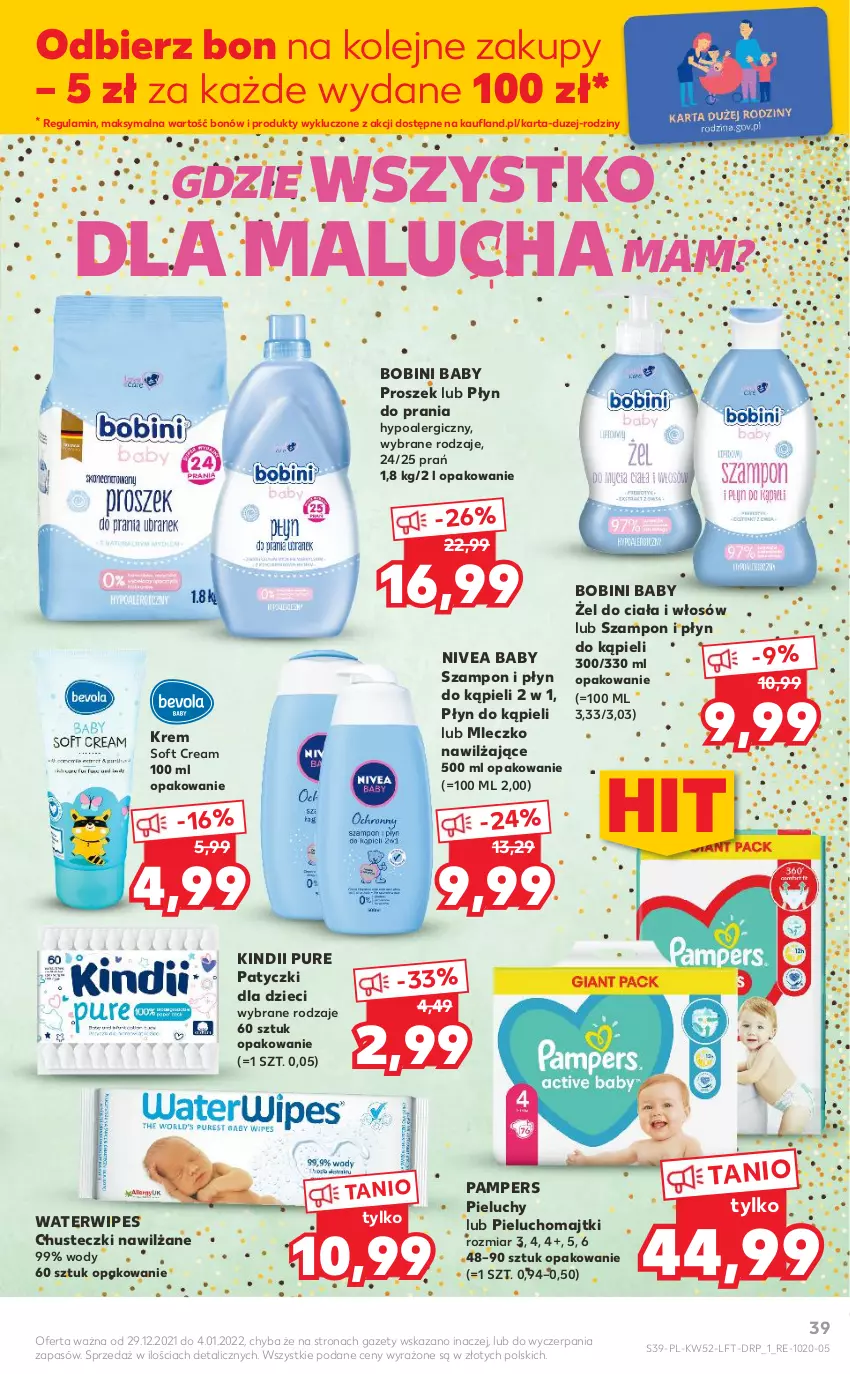 Gazetka promocyjna Kaufland - OFERTA TYGODNIA - ważna 29.12.2021 do 04.01.2022 - strona 39 - produkty: Chusteczki, Dzieci, Kindii, Majtki, Mleczko, Nivea, Nivea Baby, Olej, Pampers, Pieluchomajtki, Pieluchy, Płyn do kąpieli, Płyn do prania, Pur, Szampon