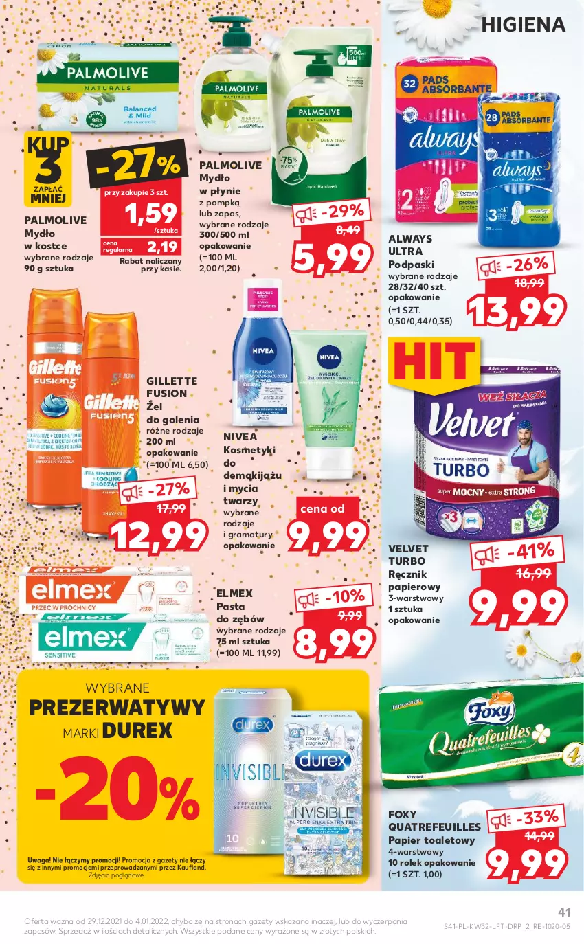 Gazetka promocyjna Kaufland - OFERTA TYGODNIA - ważna 29.12.2021 do 04.01.2022 - strona 41 - produkty: Always, Always Ultra, Durex, Elmex, Foxy, Fusion, Gillette, Gra, Makijaż, Mydło, Mydło w płynie, Nivea, Palmolive, Papier, Papier toaletowy, Pasta do zębów, Podpaski, Prezerwatyw, Rama, Ręcznik, Velvet, Waga