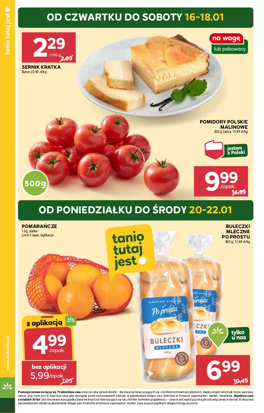 Gazetka promocyjna Stokrotka - Market Opole/Radom - ważna 16.01 do 22.01.2025 - strona 4 - produkty: Bułeczki, Bułeczki mleczne, Mięso, Owoce, Pomarańcze, Pomidory, Ser, Siatka, Warzywa