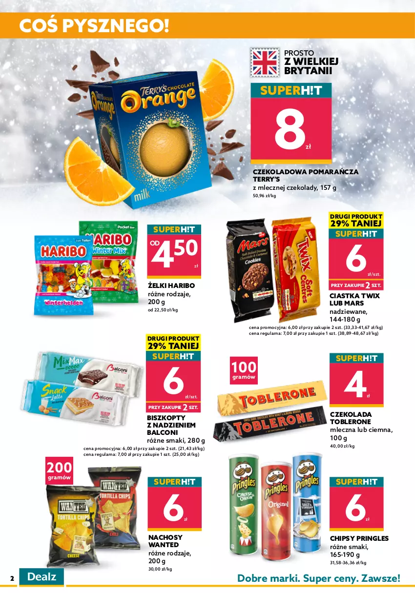 Gazetka promocyjna Dealz - Gazetka na otwarcie - Chorzów - ważna 24.11 do 08.12.2021 - strona 2 - produkty: Alcon, Artykuły spożywcze, Biszkopty, Chipsy, Ciastka, Coca-Cola, Czekolada, Gra, Haribo, HiPP, Kawa, Kawa ziarnista, Kinder, Mars, Napój, Napój gazowany, Pringles, Toblerone, Toffifee, Twix