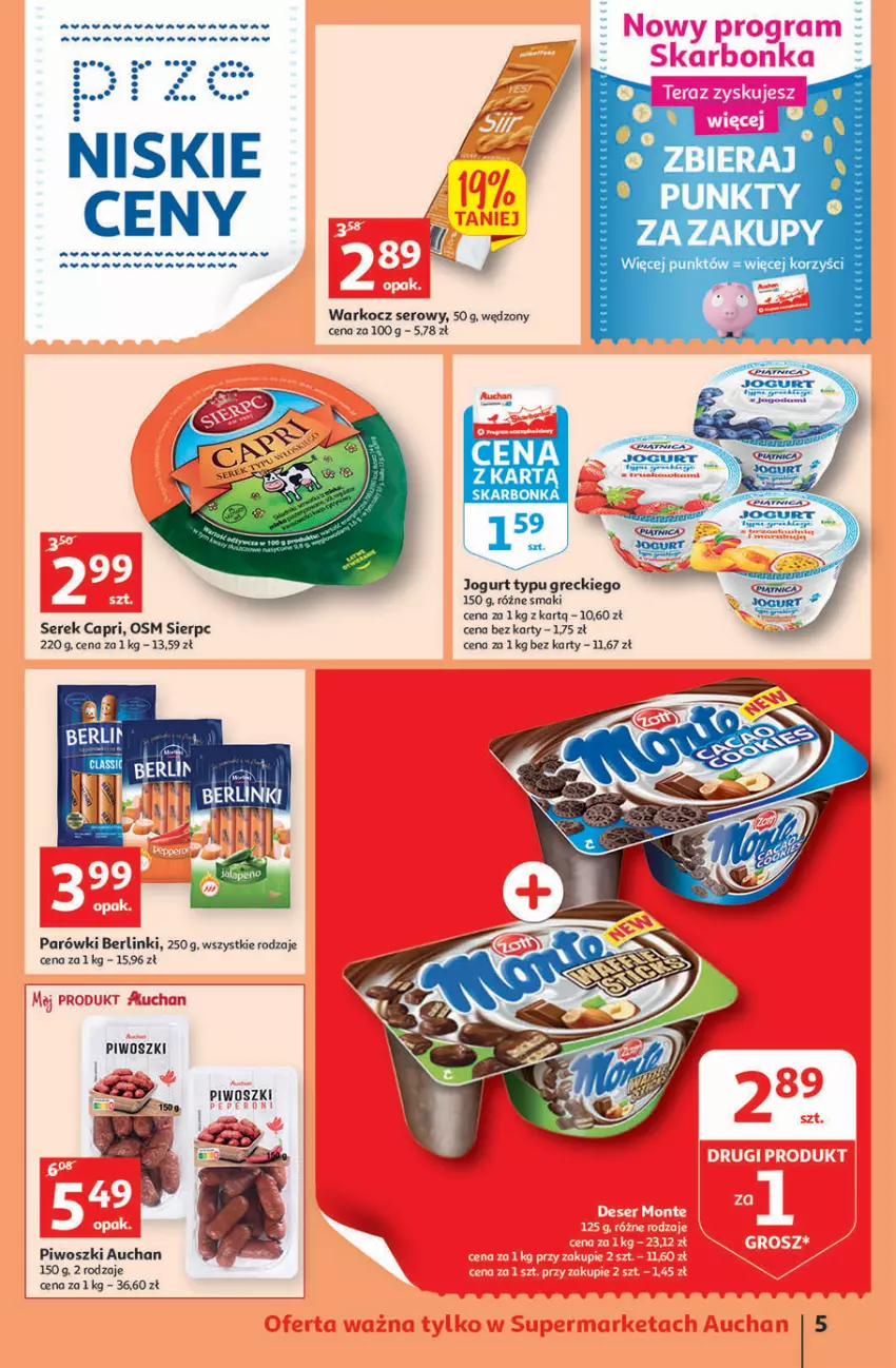 Gazetka promocyjna Auchan - przeNISKIE CENY produkty pewne przedobrego Supermarkety - ważna 24.03 do 30.03.2022 - strona 5 - produkty: Berlinki, Jogurt, Koc, Parówki, Piwo, Ser, Serek