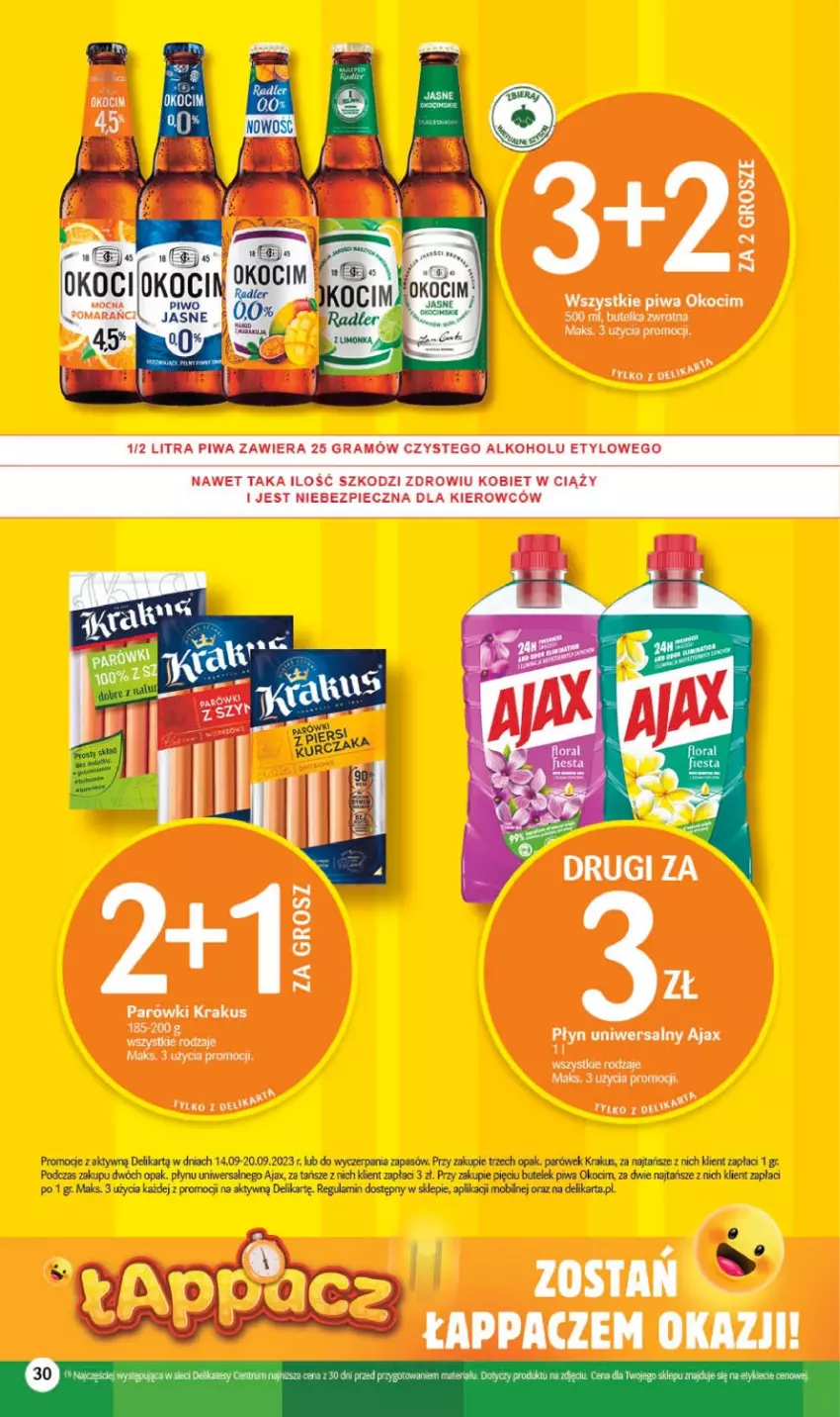 Gazetka promocyjna Delikatesy Centrum - Gazetka DC36 - ważna 14.09 do 20.09.2023 - strona 30 - produkty: Ajax, Gra, Koc, Krakus, Mobil, Okocim, Parówki, Piec, Piwa