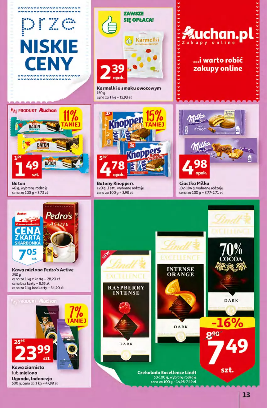 Gazetka promocyjna Auchan - Gazetka przeNISKIE CENY – przeKorzyści z markami Auchan Hipermarkety - ważna 29.09 do 05.10.2022 - strona 13 - produkty: Baton, Ciastka, Czekolada, Kawa, Kawa mielona, Kawa ziarnista, Knoppers, Lindt, Milka