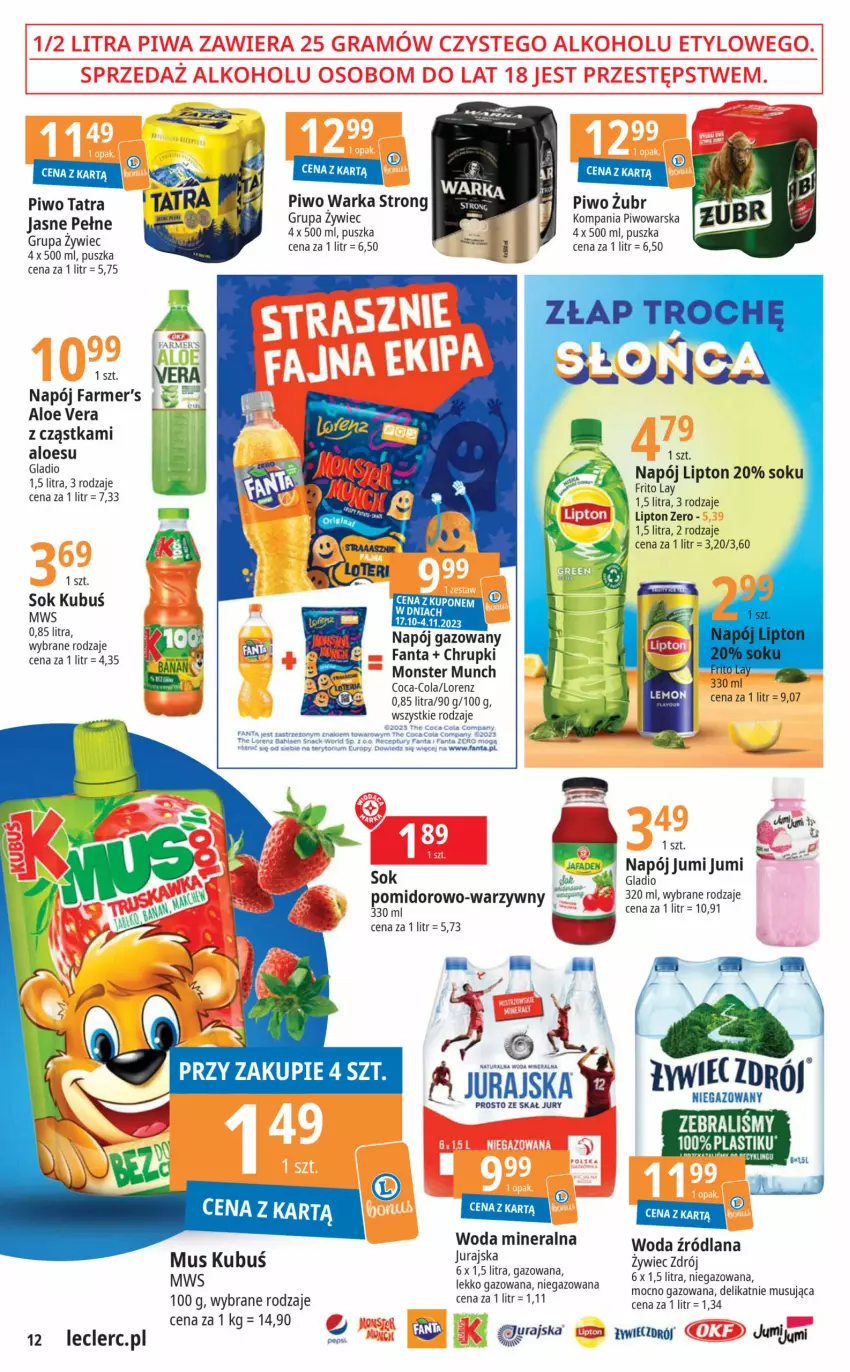 Gazetka promocyjna E Leclerc - ważna 17.10 do 28.10.2023 - strona 12 - produkty: Aloe vera, Chrupki, Coca-Cola, Fa, Fanta, Kubuś, LANA, Lipton, Lorenz, Monster Munch, Mus, Napój, Napój gazowany, Piwo, Sok, Tatra, Warka, Woda, Woda mineralna