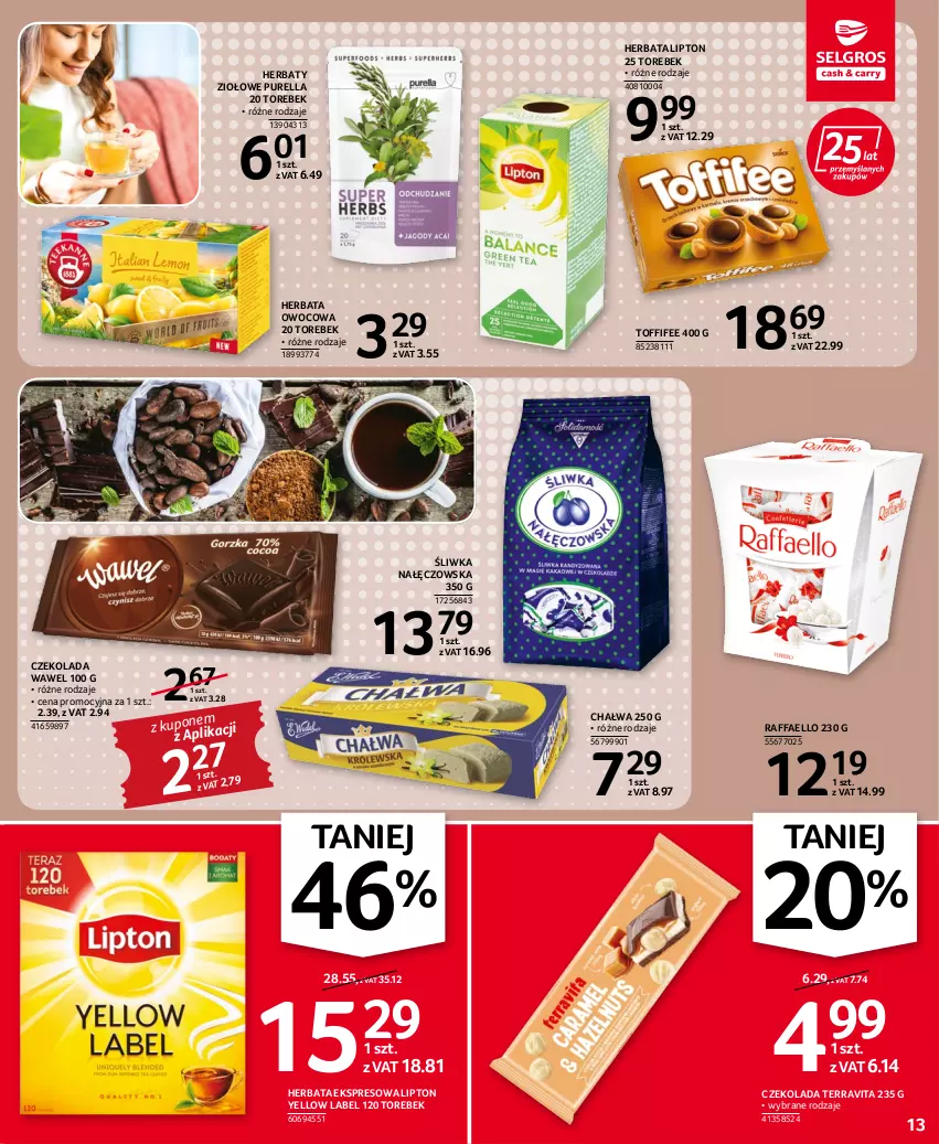 Gazetka promocyjna Selgros - Oferta spożywcza - ważna 15.06 do 29.06.2022 - strona 13 - produkty: Chałwa, Czekolada, Fa, Herbata, Herbata owocowa, Lipton, Pur, Raffaello, Toffifee, Wawel