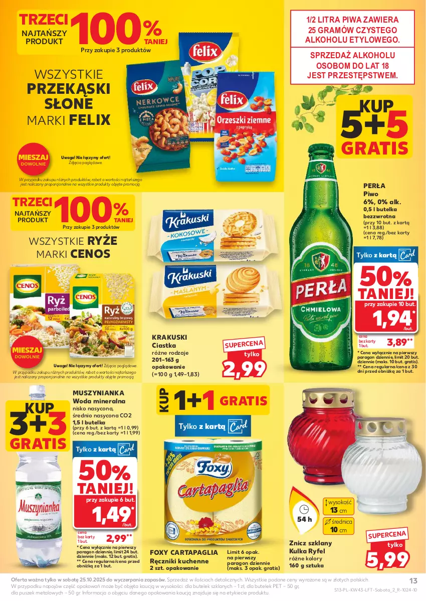 Gazetka promocyjna Kaufland - Gazetka tygodnia - ważna 23.10 do 28.10.2025 - strona 13 - produkty: Cenos, Ciastka, Felix, Foxy, Gra, Krakus, Krakuski, Mus, Muszynianka, O nas, Perła, Piwa, Piwo, Por, Ręcznik, Ryż, Sok, Waga, Woda, Woda mineralna, Znicz
