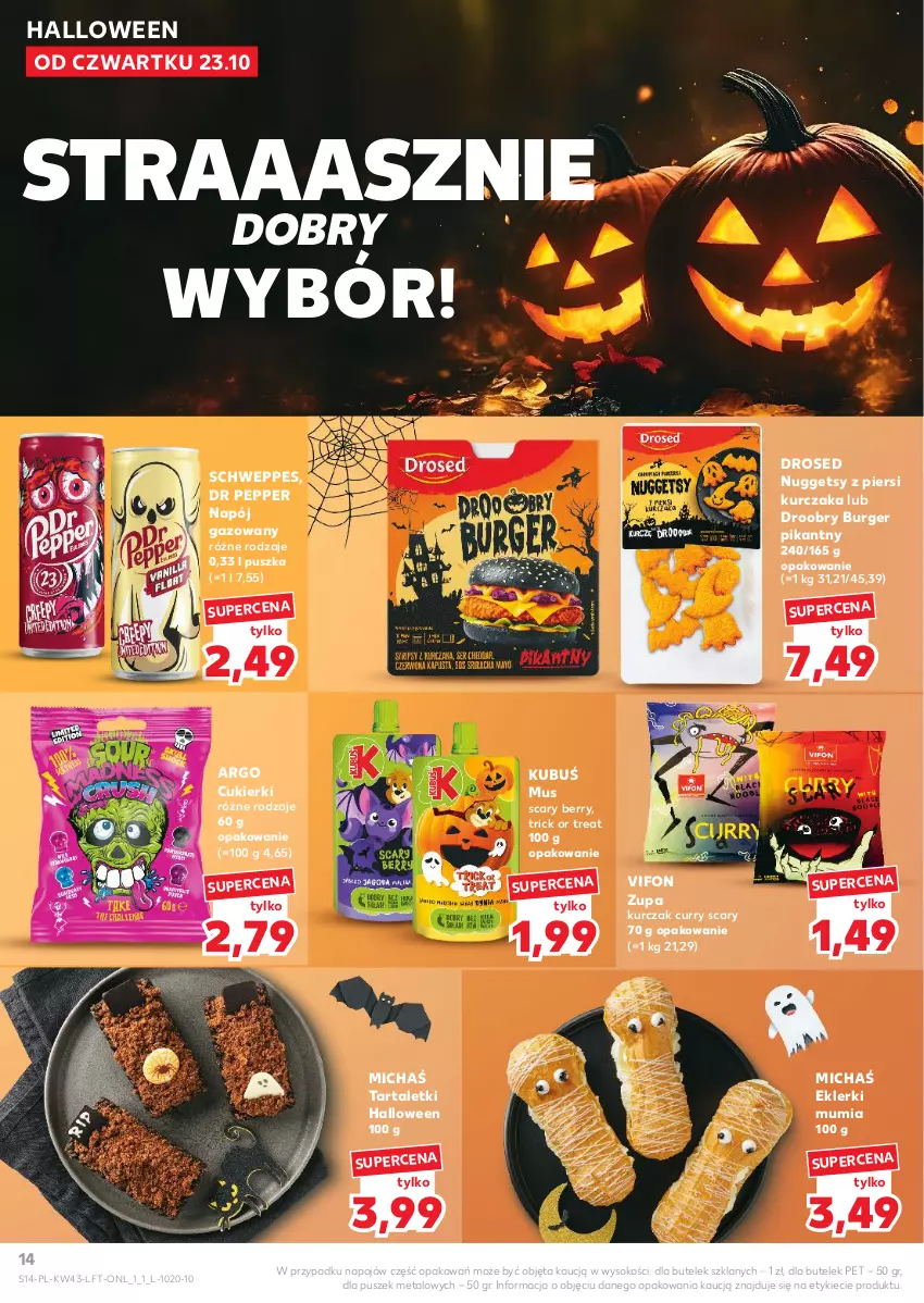 Gazetka promocyjna Kaufland - Gazetka tygodnia - ważna 23.10 do 28.10.2025 - strona 14 - produkty: Burger, Cukier, Cukierki, Kubuś, Kurczak, Mus, Napój, Napój gazowany, Schweppes, Sok, Tarta, Zupa