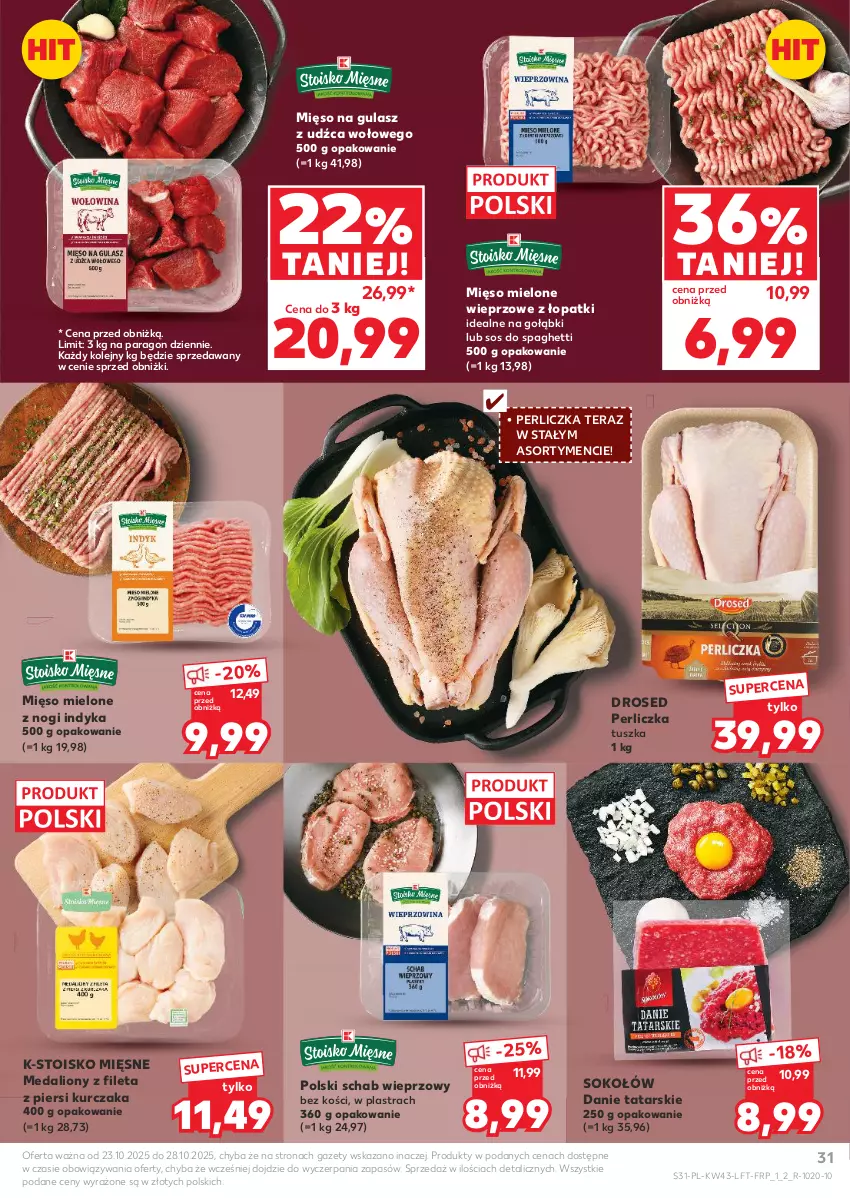 Gazetka promocyjna Kaufland - Gazetka tygodnia - ważna 23.10 do 28.10.2025 - strona 31 - produkty: Kurczak, Lion, Mięso, Mięso mielone, Mięso na gulasz, Olej, Perliczka, Schab wieprzowy, Sok, Sokołów, Sos, Spaghetti, Tera, Tusz