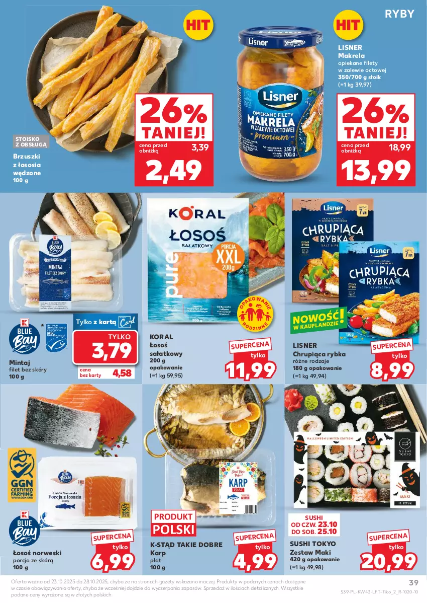 Gazetka promocyjna Kaufland - Gazetka tygodnia - ważna 23.10 do 28.10.2025 - strona 39 - produkty: Brzuszki z łososia, Karp, Lisner, Mintaj, Por, Sałat, Sos, Sushi