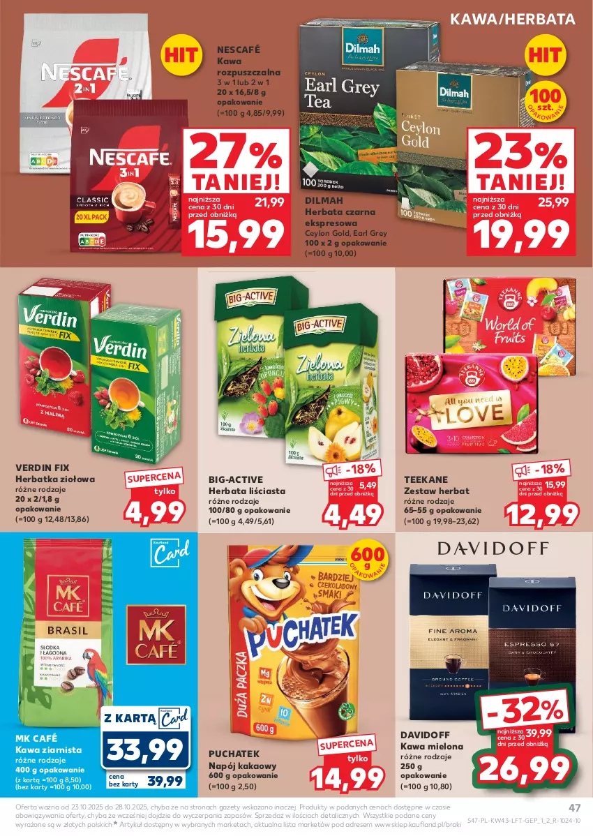 Gazetka promocyjna Kaufland - Gazetka tygodnia - ważna 23.10 do 28.10.2025 - strona 47 - produkty: Davidoff, Dilmah, Dres, Earl Grey, Herbata, Herbata czarna, Kakao, Kawa, Kawa mielona, Kawa rozpuszczalna, Kawa ziarnista, Napój, Nescafé