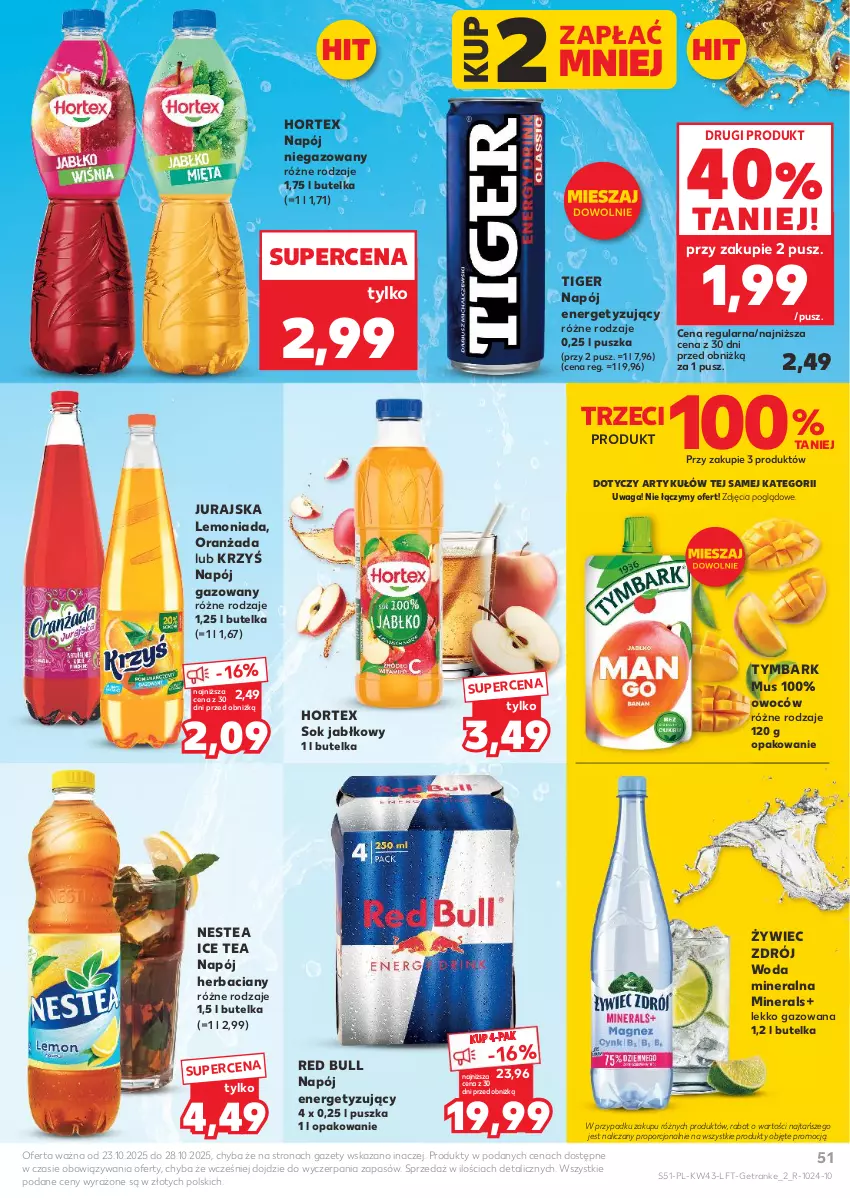 Gazetka promocyjna Kaufland - Gazetka tygodnia - ważna 23.10 do 28.10.2025 - strona 51 - produkty: Hortex, Ice tea, Lemoniada, Mus, Napój, Napój gazowany, Napój niegazowany, Nestea, Oranżada, Por, Red Bull, Sok, Sok jabłkowy, Tiger, Tran, Tymbark, Waga, Woda, Woda mineralna
