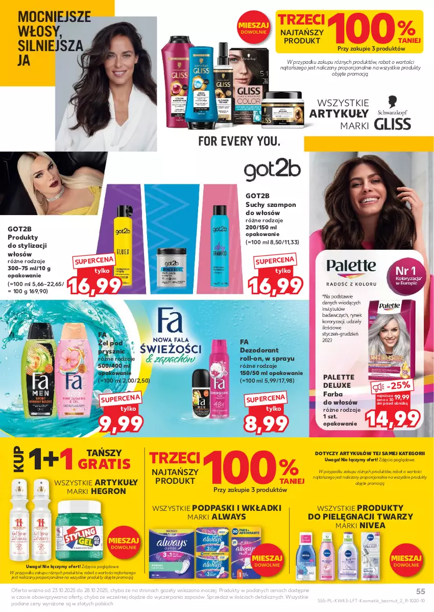 Gazetka promocyjna Kaufland - Gazetka tygodnia - ważna 23.10 do 28.10.2025 - strona 55 - produkty: Always, Dezodorant, Fa, Farba do włosów, Got2b, Gra, Hegron, Nivea, Palette, Podpaski, Por, Suchy szampon, Szampon, Waga, Wkładki