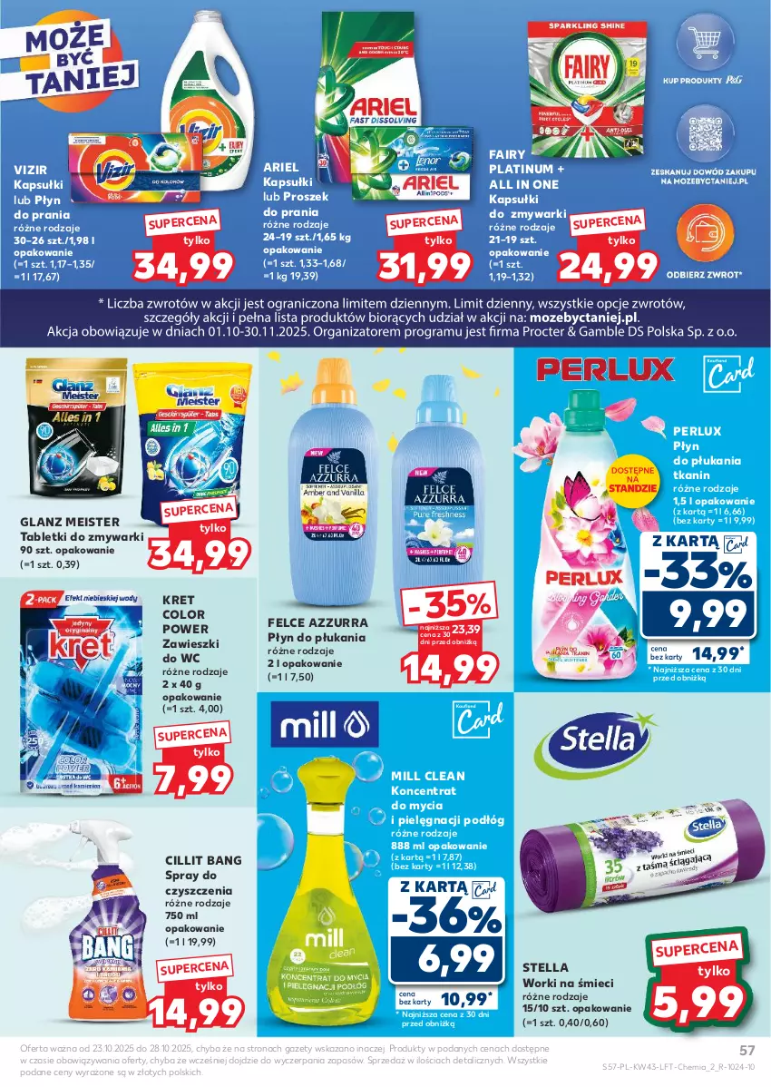 Gazetka promocyjna Kaufland - Gazetka tygodnia - ważna 23.10 do 28.10.2025 - strona 57 - produkty: Ariel, Cillit Bang, Fa, Fairy, Kret, Płyn do płukania, Płyn do prania, Proszek do prania, Spray do czyszczenia, Tablet, Tabletki do zmywarki, Vizir, Worki na śmiec, Worki na śmieci, Zawieszki, Zmywarki