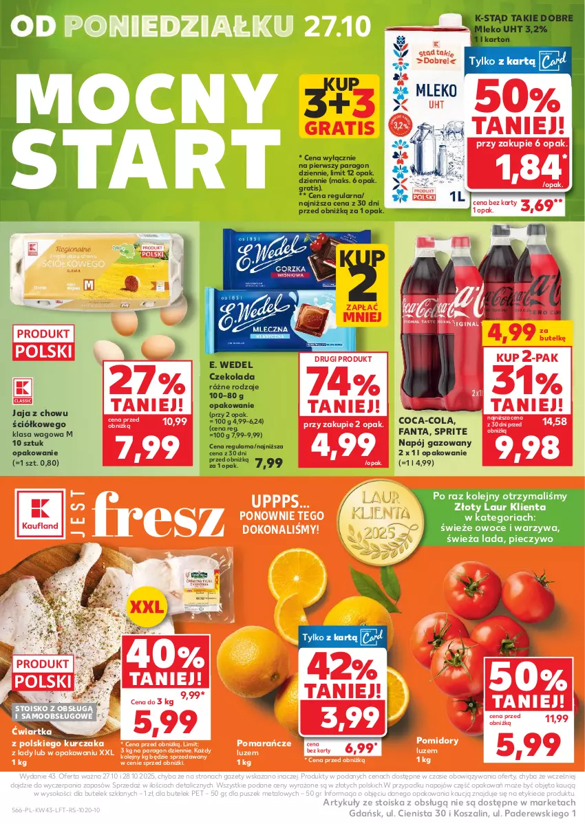 Gazetka promocyjna Kaufland - Gazetka tygodnia - ważna 23.10 do 28.10.2025 - strona 66 - produkty: Coca-Cola, Czekolada, E. Wedel, Fa, Fanta, Gra, Jaja, Kosz, Kurczak, Laur, Mleko, Napój, Napój gazowany, Olej, Owoce, Piec, Pieczywo, Pomarańcze, Pomidory, Sok, Sprite, Szal, Warzywa