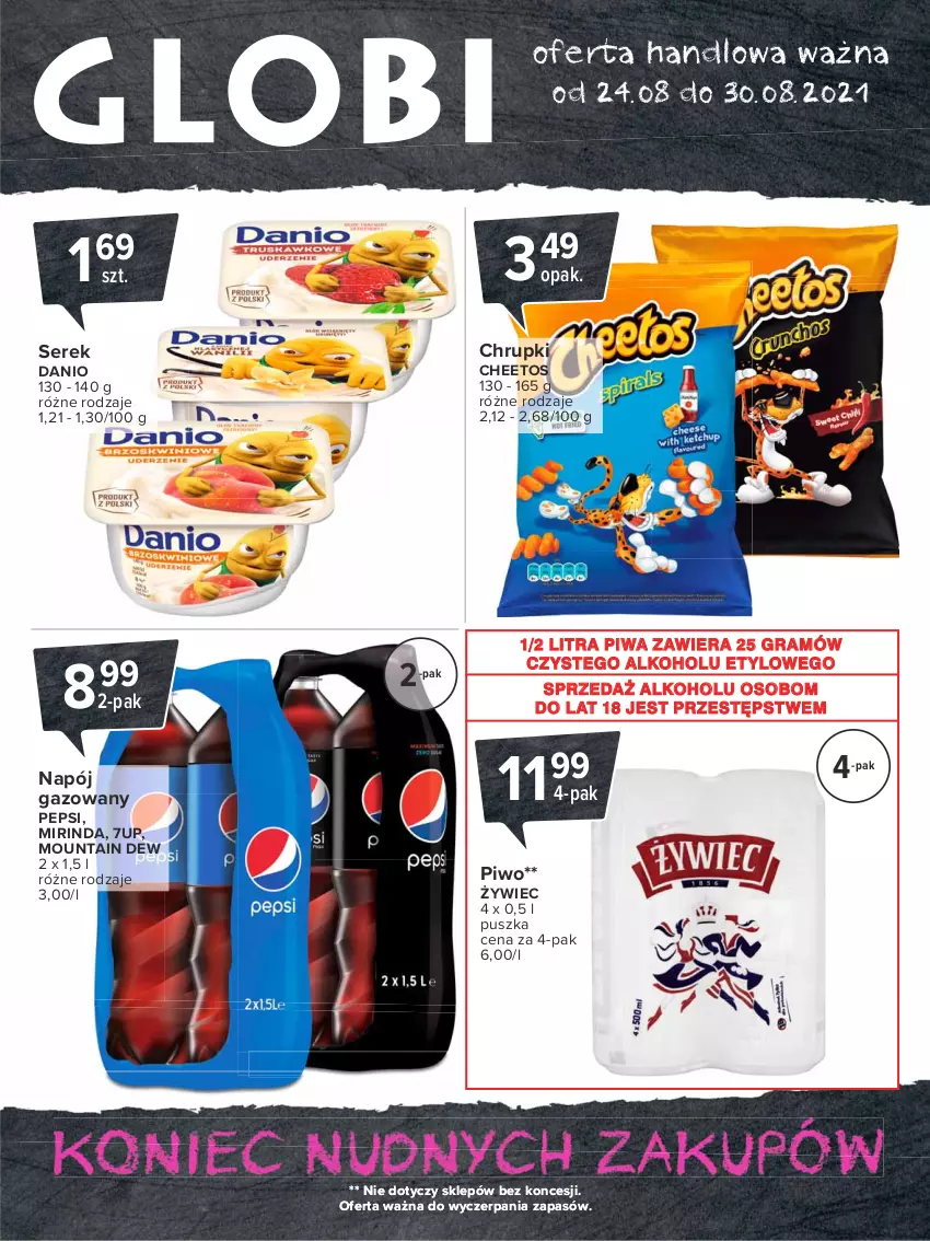 Gazetka promocyjna Carrefour - Gazetka Globi - ważna 23.08 do 30.08.2021 - strona 2 - produkty: 7up, Cheetos, Chrupki, Danio, Gra, Mirinda, Napój, Napój gazowany, Pepsi, Piwa, Piwo, Ser, Serek