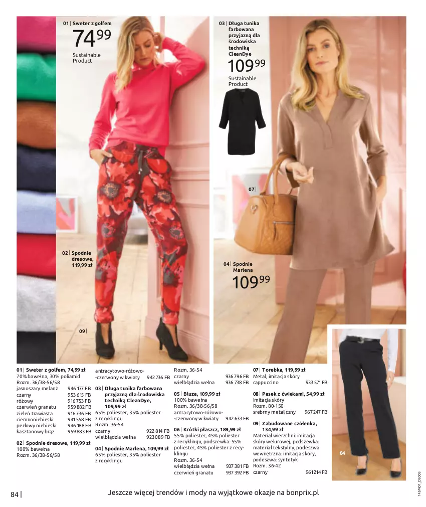 Gazetka promocyjna Bonprix - Nowy rok = nowy look! - ważna 03.01 do 03.07.2022 - strona 86 - produkty: Bluza, Cappuccino, Dres, Fa, Gra, Granat, Pasek, Płaszcz, Spodnie, Spodnie dresowe, Sweter, Torebka, Tunika, Wełna