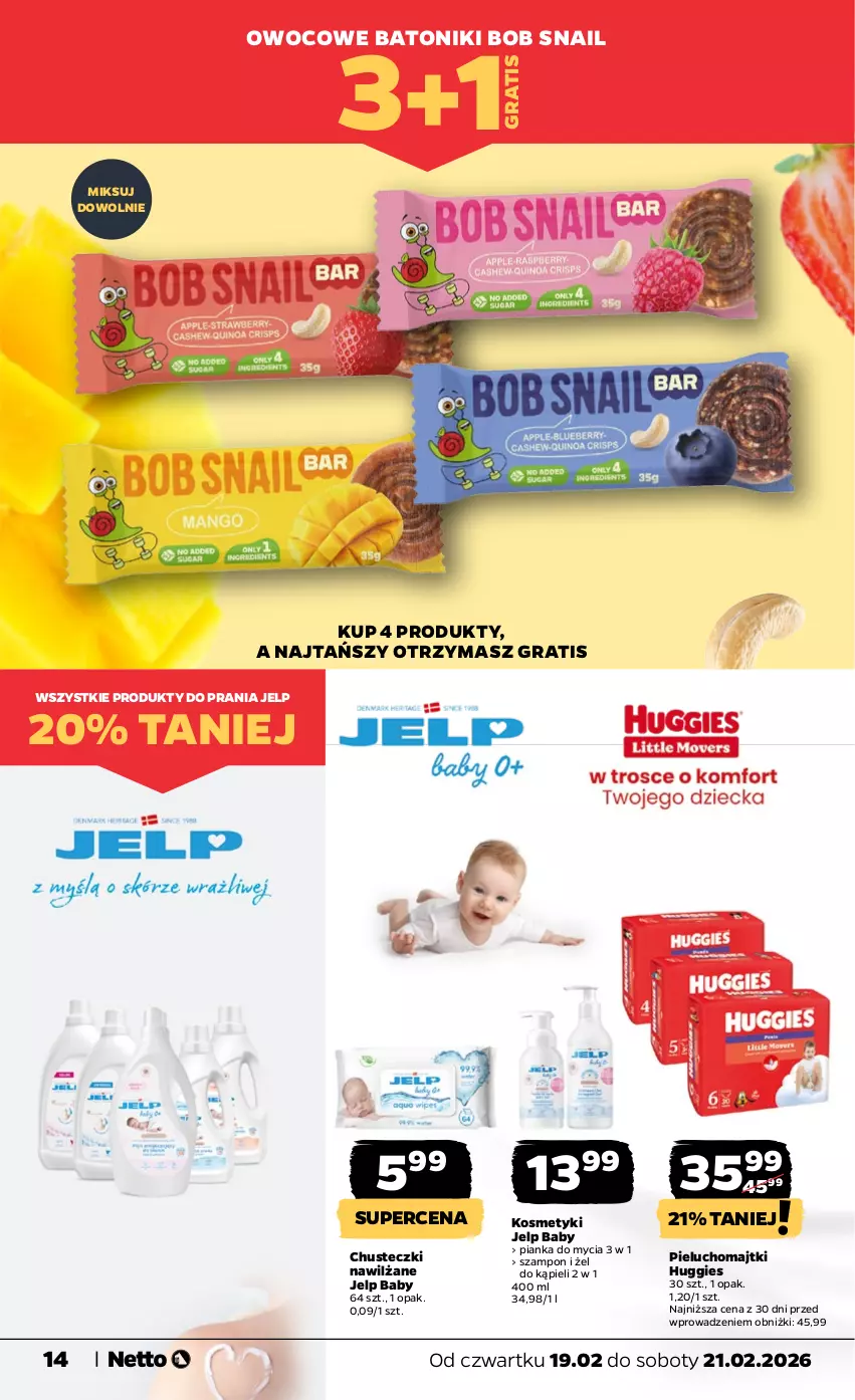 Gazetka promocyjna Netto - Od Czwartku - ważna 19.02 do 21.02.2026 - strona 14 - produkty: Baton, Chusteczki, Gra, Huggies, Majtki, Pieluchomajtki, Szampon, Tonik