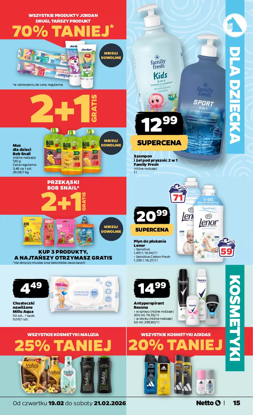 Gazetka promocyjna Netto - Od Czwartku - ważna 19.02 do 21.02.2026 - strona 15 - produkty: Adidas, Antyperspirant, Baton, Chusteczki, Dzieci, Fa, Gra, Lenor, Malizia, Mus, Płyn do płukania, Rexona, Szampon, Tonik