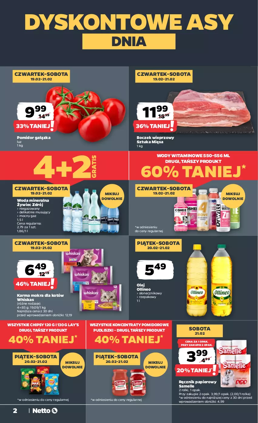Gazetka promocyjna Netto - Od Czwartku - ważna 19.02 do 21.02.2026 - strona 2 - produkty: Boczek, Boczek wieprzowy, Chipsy, Gra, Karma mokra dla kotów, Lay’s, Mus, Olej, Papier, Pudliszki, Ręcznik, Rolki, Whiskas, Woda, Woda mineralna