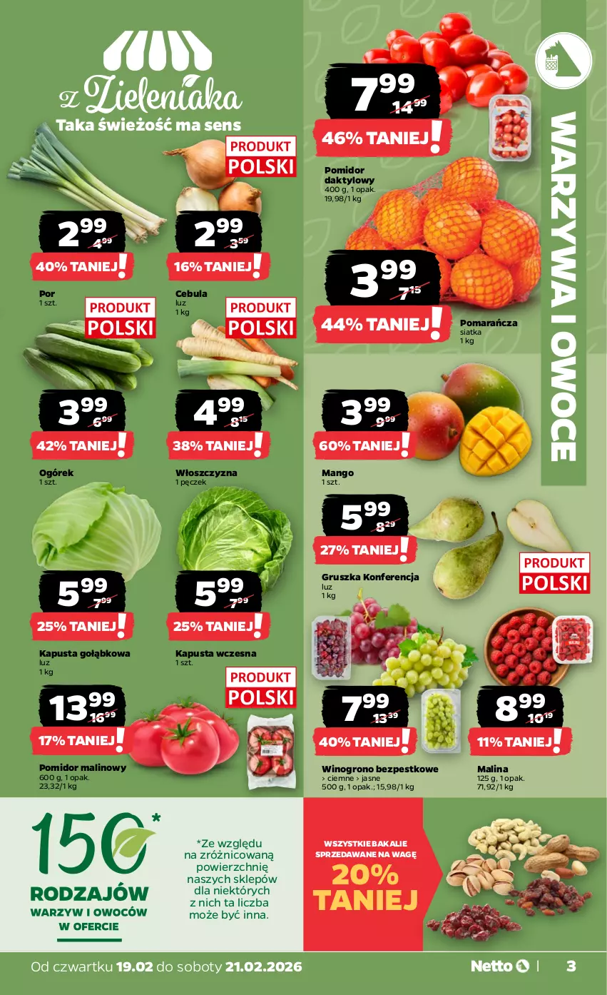 Gazetka promocyjna Netto - Od Czwartku - ważna 19.02 do 21.02.2026 - strona 3 - produkty: Cebula, Mango, Ogórek, Owoce, Pomidor malinowy, Por, Siatka, Warzywa, Warzywa i owoce, Wino