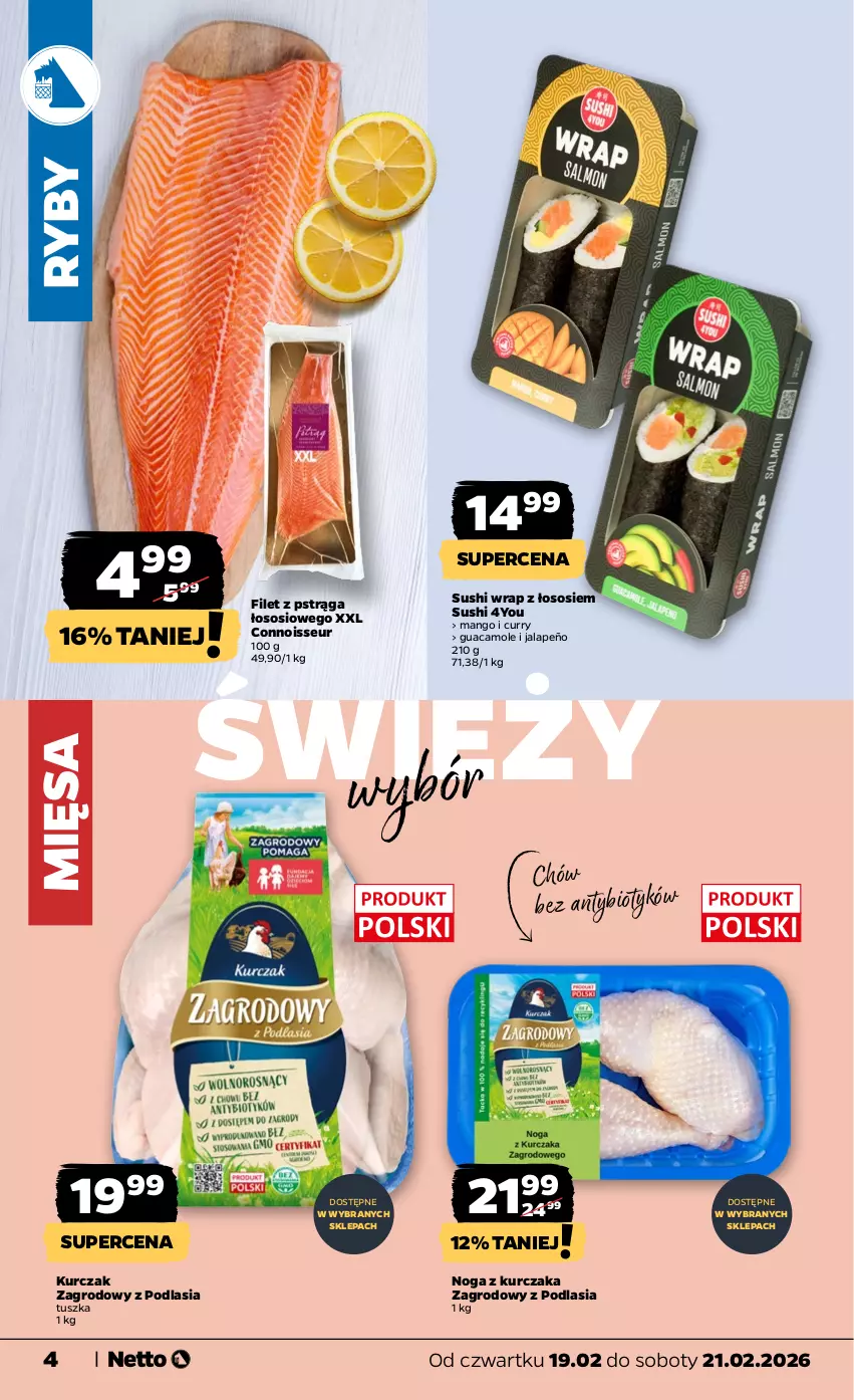 Gazetka promocyjna Netto - Od Czwartku - ważna 19.02 do 21.02.2026 - strona 4 - produkty: Amol, Filet z pstrąga, Kurczak, Mango, Pstrąg, Sos, Sushi, Tusz