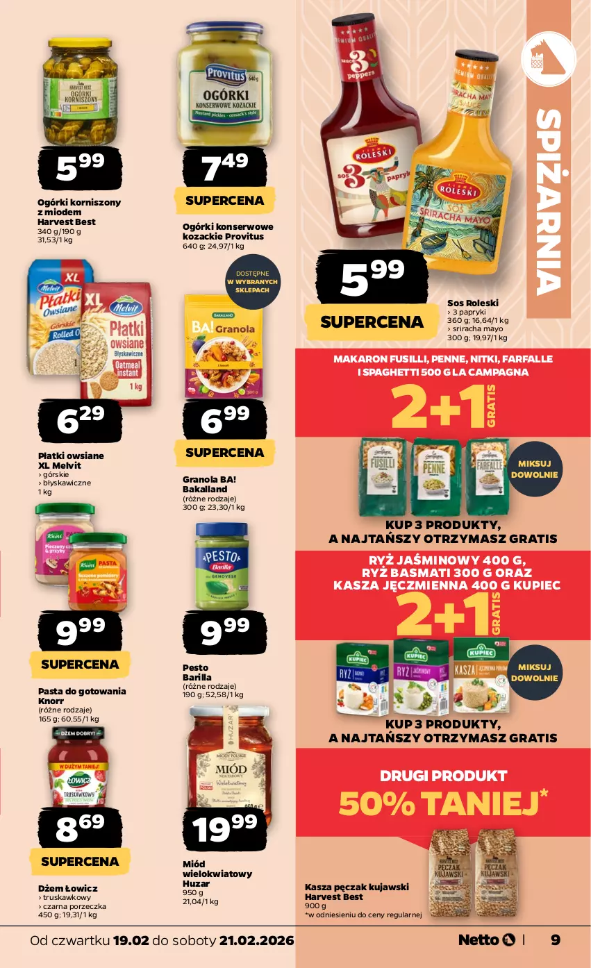 Gazetka promocyjna Netto - Od Czwartku - ważna 19.02 do 21.02.2026 - strona 9 - produkty: Ba!, Bakalland, Barilla, Dżem, Fa, Gra, Granola, Kasza, Kasza jęczmienna, Knorr, Korniszony, Kujawski, Kupiec, Makaron, Melvit, Miód, Ogórki konserwowe, Penne, Pesto, Piec, Płatki owsiane, Por, Ryż, Ryż basmati, Ser, Sos, Spaghetti