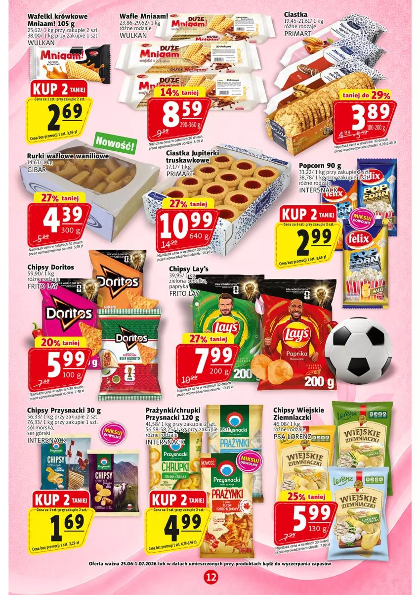 Gazetka promocyjna Prim Market - ważna 25.06 do 01.07.2026 - strona 12 - produkty: Chipsy, Chrupki, Ciastka, Fa, Lorenz, Popcorn, Prima, Przysnacki, Ser, Wafle