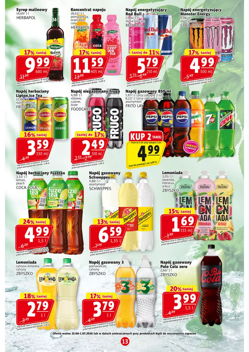 Gazetka promocyjna Prim Market - ważna 25.06 do 01.07.2026 - strona 13 - produkty: Cytryny, Herbapol, Lemoniada, Limonka, Lipton, Napój, Napój gazowany, Napój niegazowany, Pomarańcze, Red Bull, Schweppes