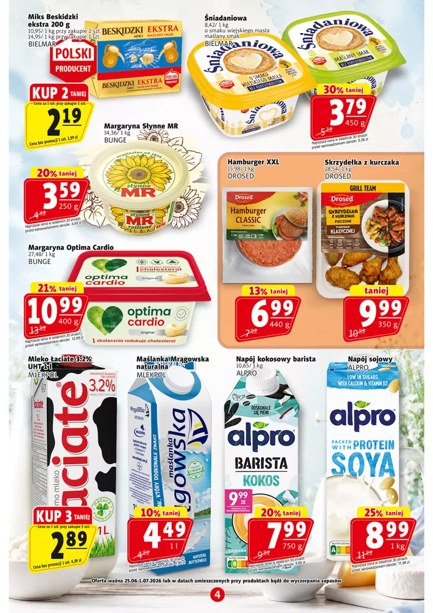 Gazetka promocyjna Prim Market - ważna 25.06 do 01.07.2026 - strona 4 - produkty: Alpro, Beskidzki, Burger, Danio, Fa, Grill, Hamburger, Kokos, Kurczak, Margaryna, Napój, Optima, Optima Cardio, Skrzydełka z kurczaka, Słynne, Sos