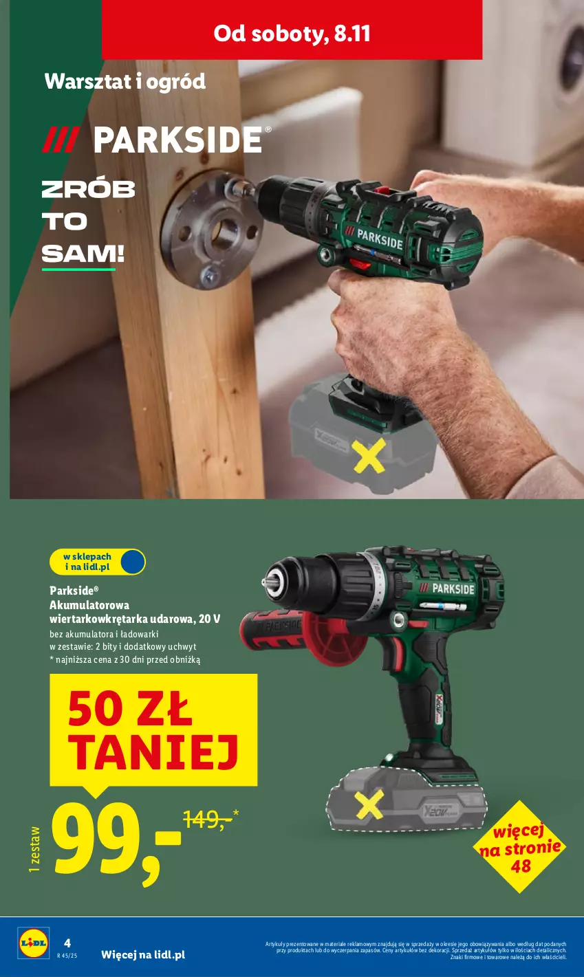 Gazetka promocyjna Lidl - GAZETKA - ważna 03.11 do 07.11.2025 - strona 4 - produkty: Akumulator, Akumulatorowa wiertarkowkrętark, Ogród, Parkside, Tarka, Wiertarkowkrętarka, Wkręt, Wkrętarka