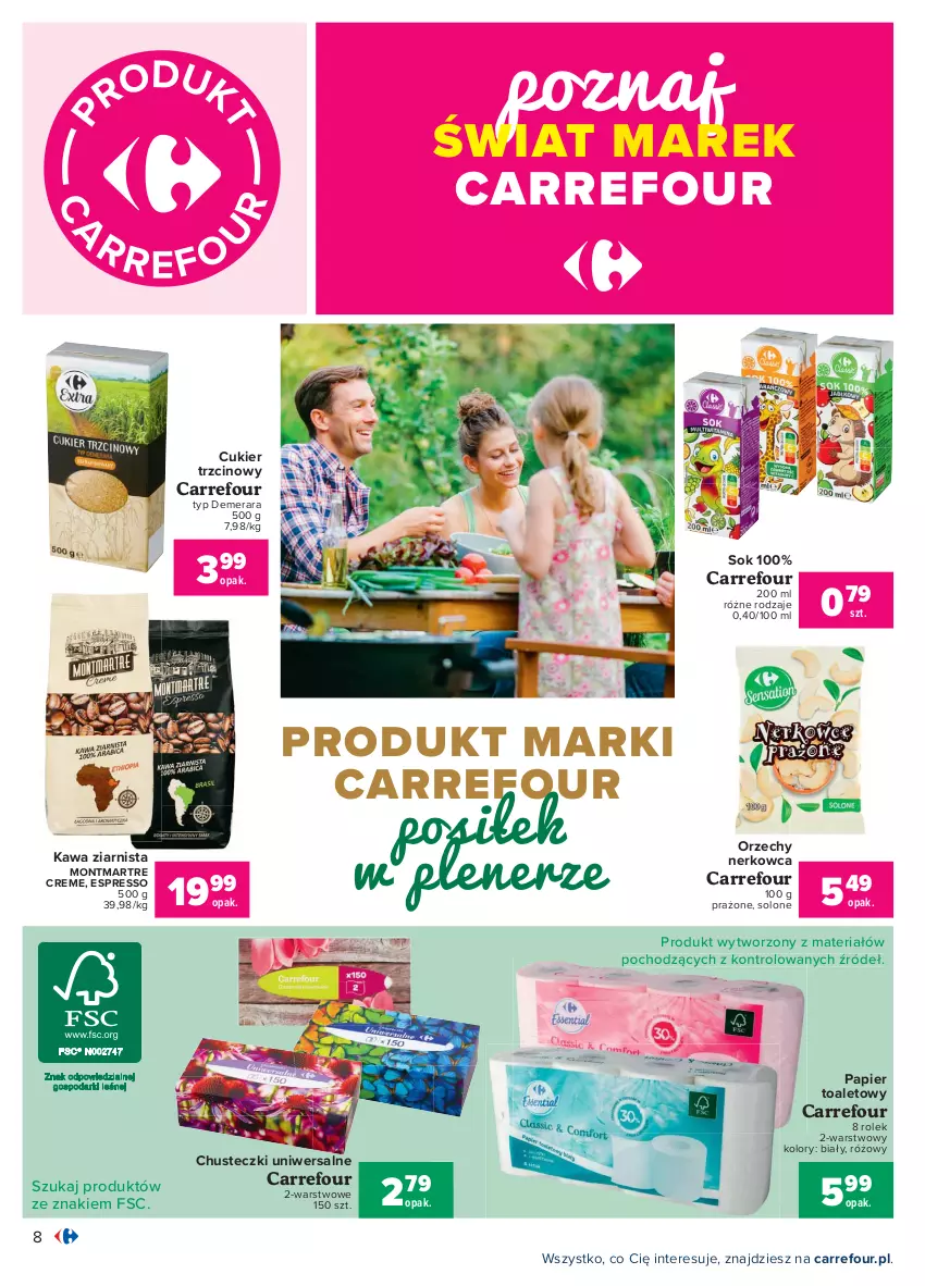 Gazetka promocyjna Carrefour - Gazetka Carrefour - ważna 12.07 do 24.07.2021 - strona 8 - produkty: Chusteczki, Cukier, Cukier trzcinowy, Kawa, Kawa ziarnista, Montmartre, Papier, Papier toaletowy, Sok