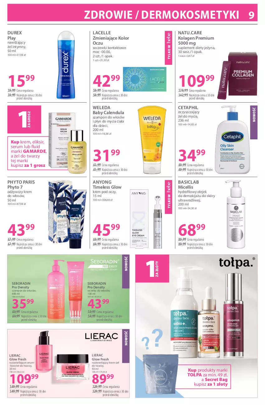 Gazetka promocyjna Hebe - Gazetka - ważna 19.06 do 02.07.2026 - strona 9 - produkty: Basiclab, Booster, Cetaphil, Durex, Dzieci, Kolagen, Krem pod oczy, Lierac, Makijaż, Olej, Olejek do demakijażu, Phyto, Płyn do mycia, Rum, Seboradin, Ser, Serum, Soczewki kontaktowe, Suplement diety, Szampon, Tołpa, Weleda, Zdrowie