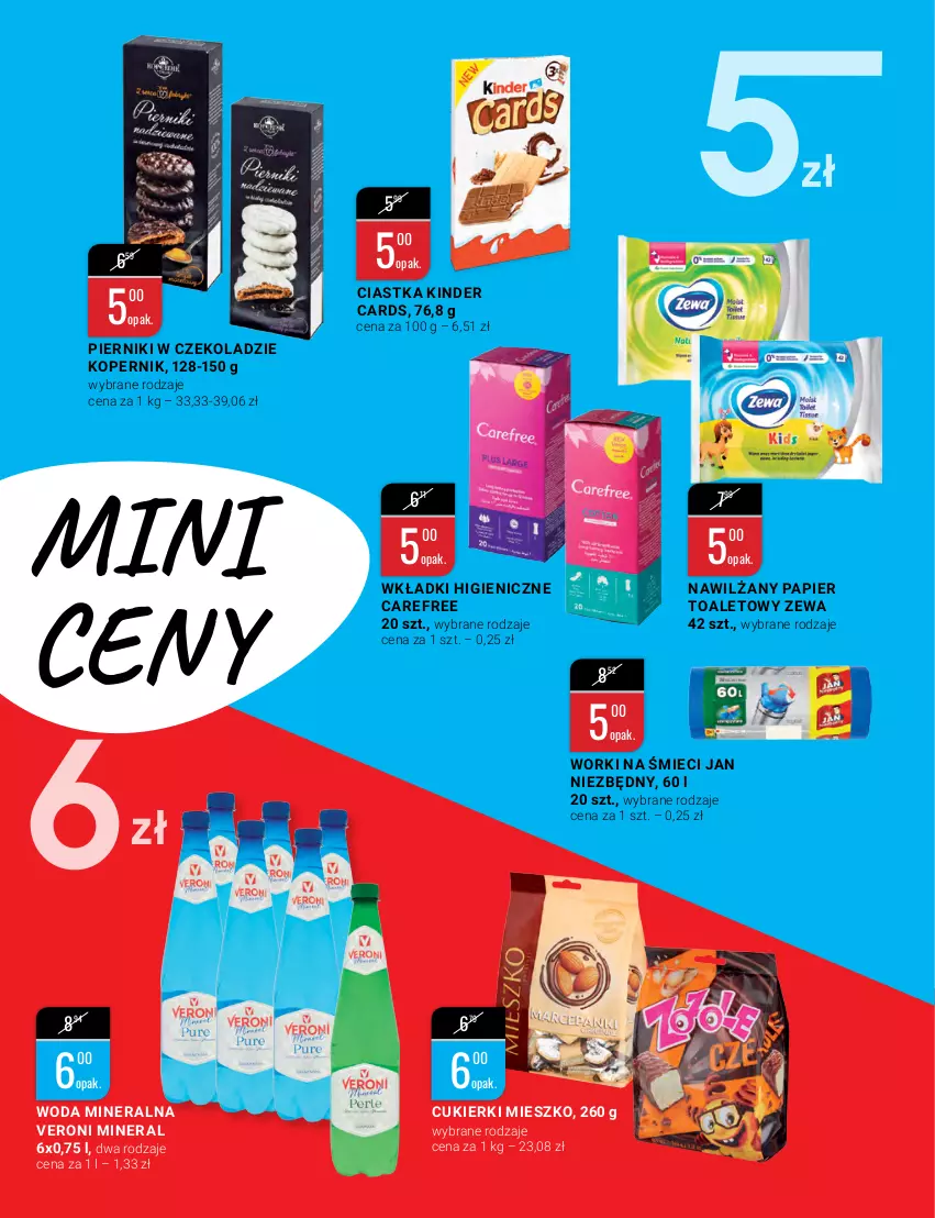 Gazetka promocyjna Bi1 - Noworoczne promocje - ważna 03.01 do 11.01.2022 - strona 7 - produkty: Carefree, Ciastka, Cukier, Cukierki, Jan Niezbędny, Kinder, Nawilżany papier, Papier, Papier toaletowy, Piernik, Pierniki w czekoladzie, Wkładki, Woda, Woda mineralna, Worki na śmiec, Worki na śmieci