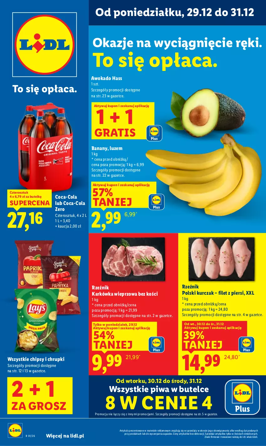 Gazetka promocyjna Lidl - GAZETKA - ważna 29.12 do 31.12.2025 - strona 1 - produkty: Banany, Chipsy, Chrupki, Coca-Cola, Gra, Karkówka wieprzowa, Kurczak, Piwa