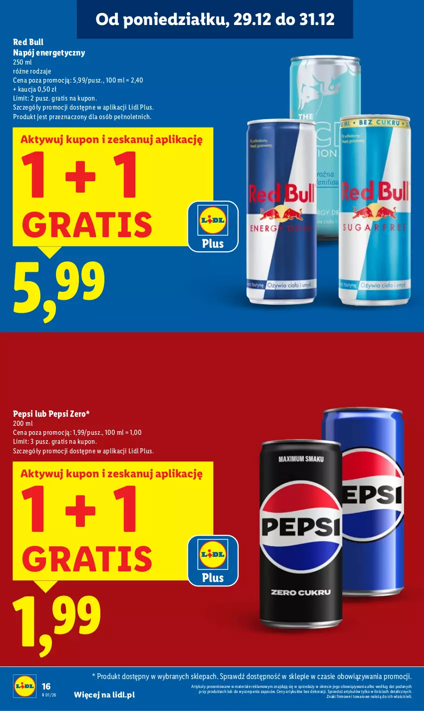 Gazetka promocyjna Lidl - GAZETKA - ważna 29.12 do 31.12.2025 - strona 16 - produkty: Gra, Napój, Napój energetyczny, Pepsi, Red Bull