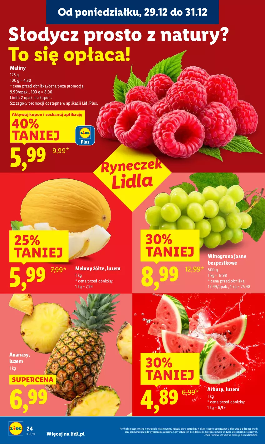 Gazetka promocyjna Lidl - GAZETKA - ważna 29.12 do 31.12.2025 - strona 24 - produkty: Ananas, Arbuz, Maliny, Melon, Wino, Winogrona