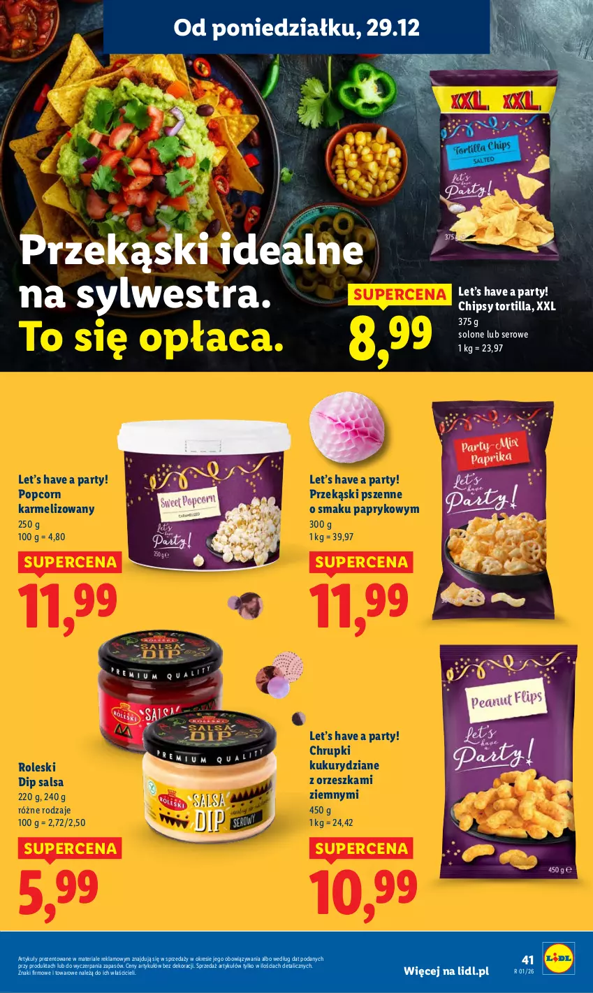 Gazetka promocyjna Lidl - GAZETKA - ważna 29.12 do 31.12.2025 - strona 41 - produkty: Chipsy, Chrupki, Popcorn, Salsa, Ser, Tortilla