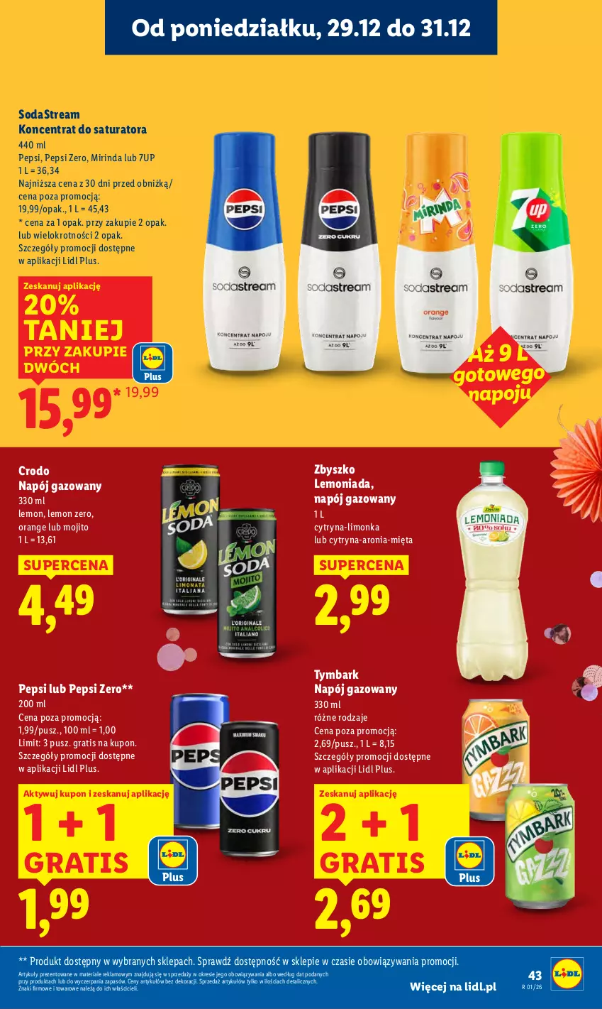 Gazetka promocyjna Lidl - GAZETKA - ważna 29.12 do 31.12.2025 - strona 43 - produkty: 7up, Aronia, Gra, Lemoniada, Limonka, Mięta, Mirinda, Napój, Napój gazowany, Pepsi, Tymbark