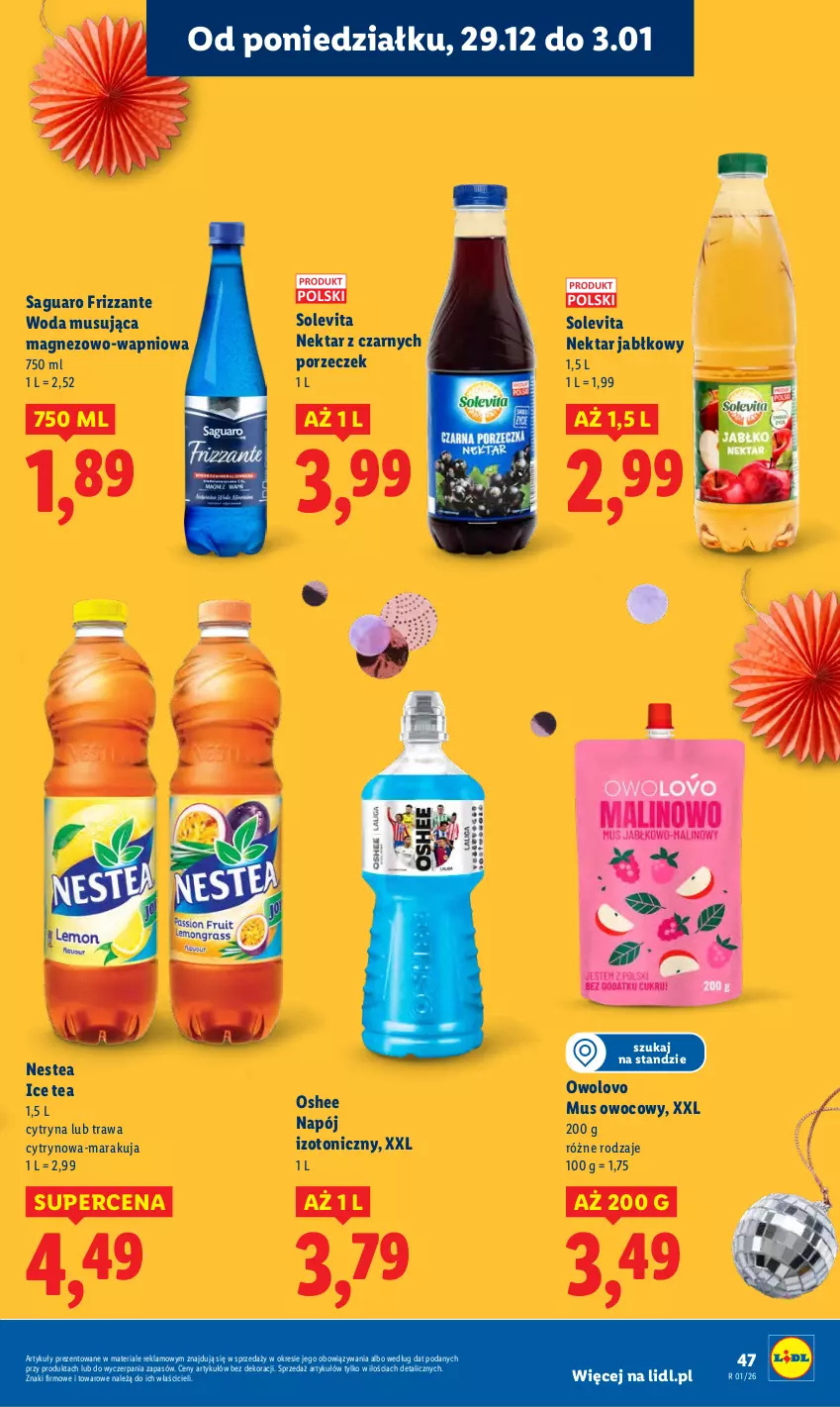 Gazetka promocyjna Lidl - GAZETKA - ważna 29.12 do 31.12.2025 - strona 47 - produkty: Ice tea, Magnez, Mus, Napój, Napój izotoniczny, Nektar, Nestea, Oshee, Por, Woda
