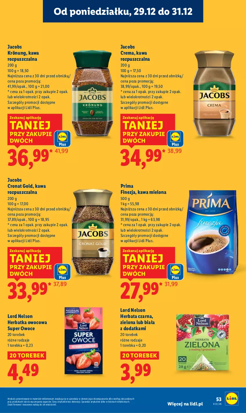 Gazetka promocyjna Lidl - GAZETKA - ważna 29.12 do 31.12.2025 - strona 53 - produkty: Herbata, Herbata czarna, Jacobs, Jacobs Krönung, Kawa, Kawa mielona, Kawa rozpuszczalna, Owoce, Prima, Torebka