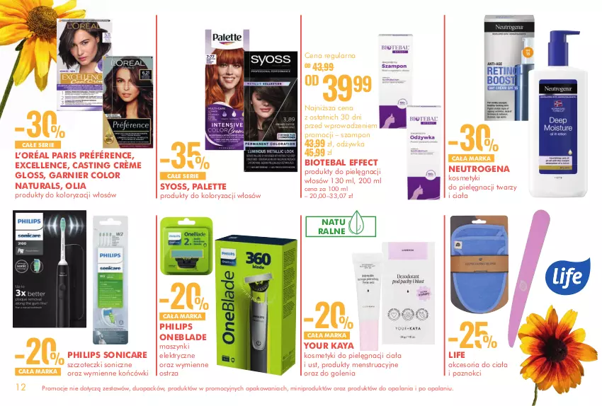 Gazetka promocyjna Super Pharm - ważna 12.09 do 06.10.2024 - strona 12 - produkty: BIOTEBAL, Garnier, Kosmetyki do pielęgnacji, L’Oréal, Neutrogena, Odżywka, Palette, Philips, Philips OneBlade, Ser, Syoss, Szampon