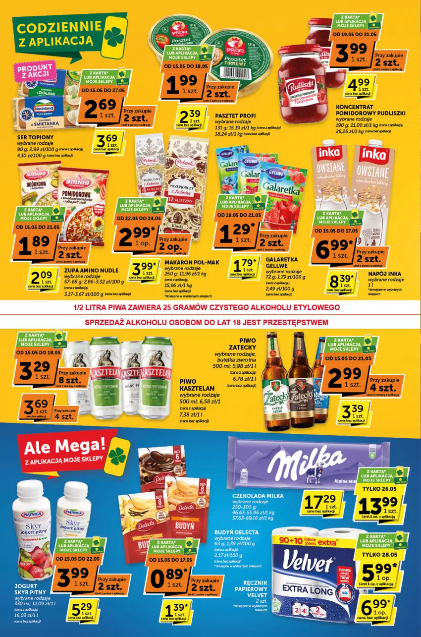 Gazetka promocyjna ABC - ważna 15.05 do 27.05.2025 - strona 6 - produkty: Czekolada, Delecta, Gala, Galaretka, Inka, Jogurt, Jogurt pitny, Kasztelan, Koc, Koncentrat pomidorowy, Makaron, Milka, Napój, Papier, Pasztet, Piątnica, Piwo, Pudliszki, Ręcznik, Ser, Ser topiony, Top, Velvet, Zupa