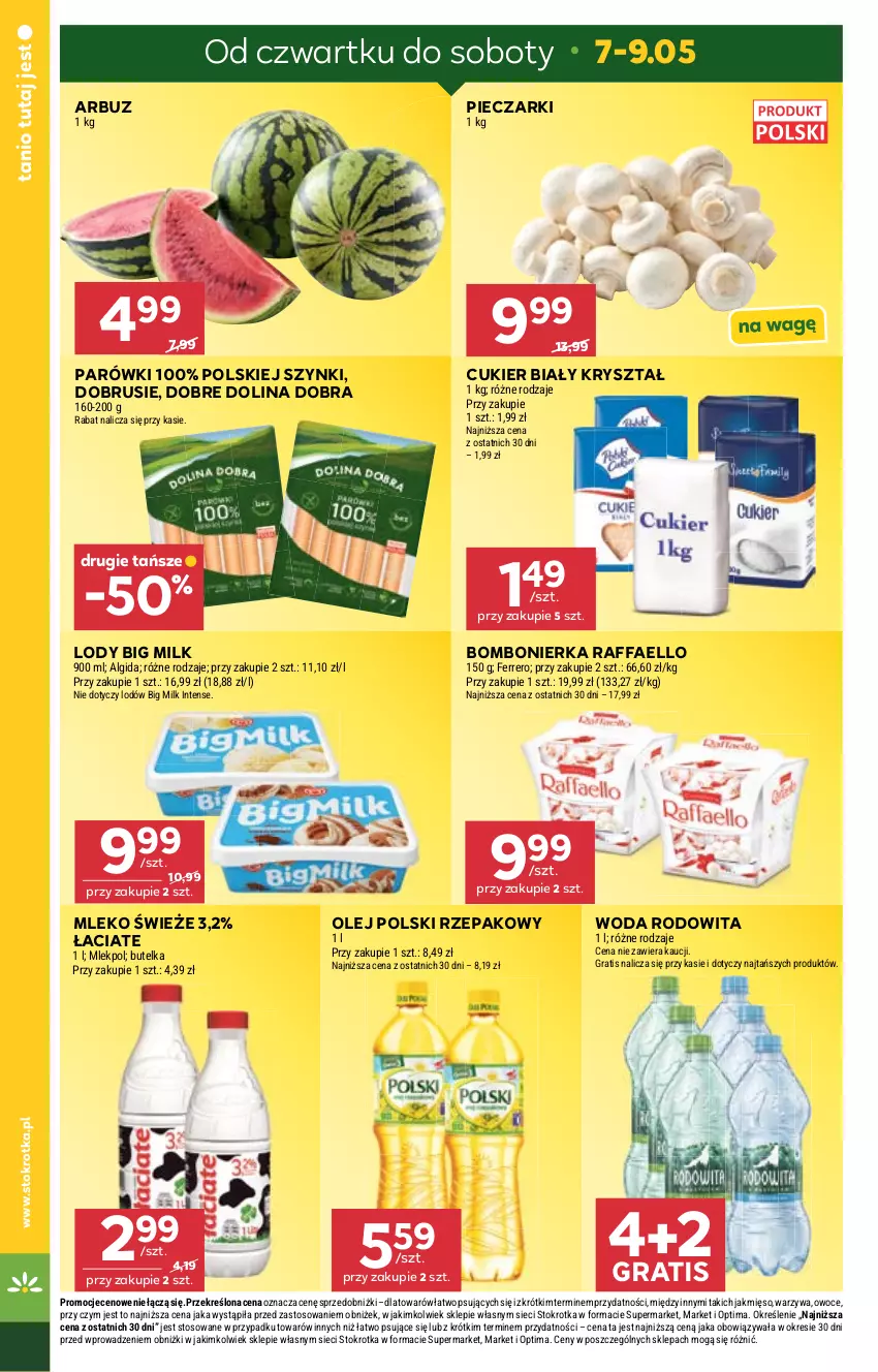 Gazetka promocyjna Stokrotka - Market - ważna 07.05 do 13.05.2026 - strona 17 - produkty: Algida, Arbuz, Big Milk, Cukier, Fa, Ferrero, Gra, LG, Lody, Mięso, Mleko, Obrus, Olej, Optima, Owoce, Parówki, Piec, Raffaello, Warzywa, Woda