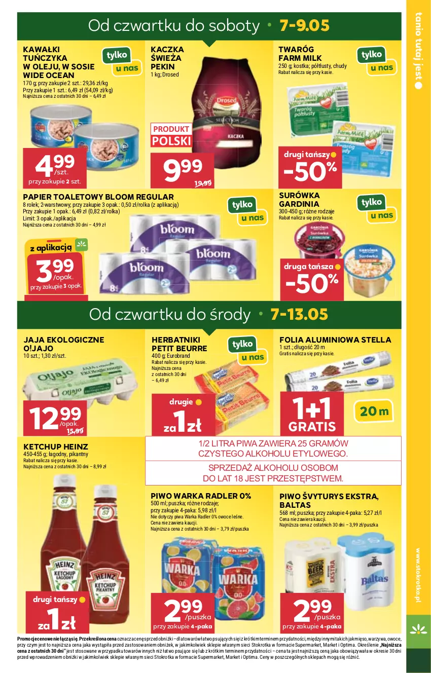 Gazetka promocyjna Stokrotka - Market - ważna 07.05 do 13.05.2026 - strona 18 - produkty: Fa, Farm Milk, Folia aluminiowa, Gra, Heinz, Herbatniki, Herbatniki Petit Beurre, Jaja, Kaczka, Kawa, Ketchup, Mięso, Olej, Optima, Owoce, Papier, Papier toaletowy, Piwa, Piwo, Radler, Sos, Surówka, Tuńczyk, Twaróg, Warka, Warzywa
