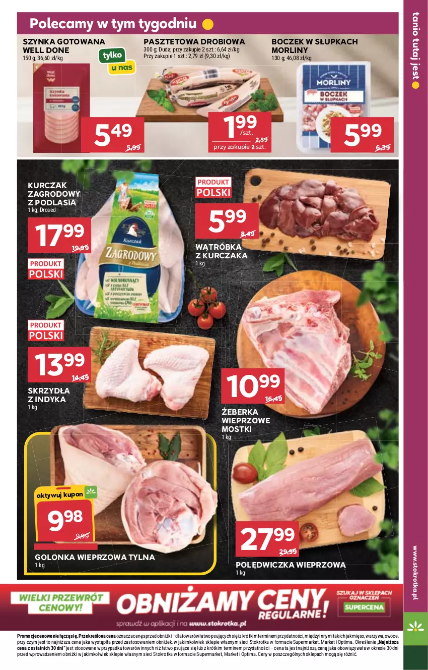 Gazetka promocyjna Stokrotka - Market - ważna 07.05 do 13.05.2026 - strona 22 - produkty: Boczek, Duda, Golonka wieprzowa, Kurczak, Mięso, Morliny, Optima, Owoce, Pasztet, Polędwiczka wieprzowa, Szynka, Warzywa