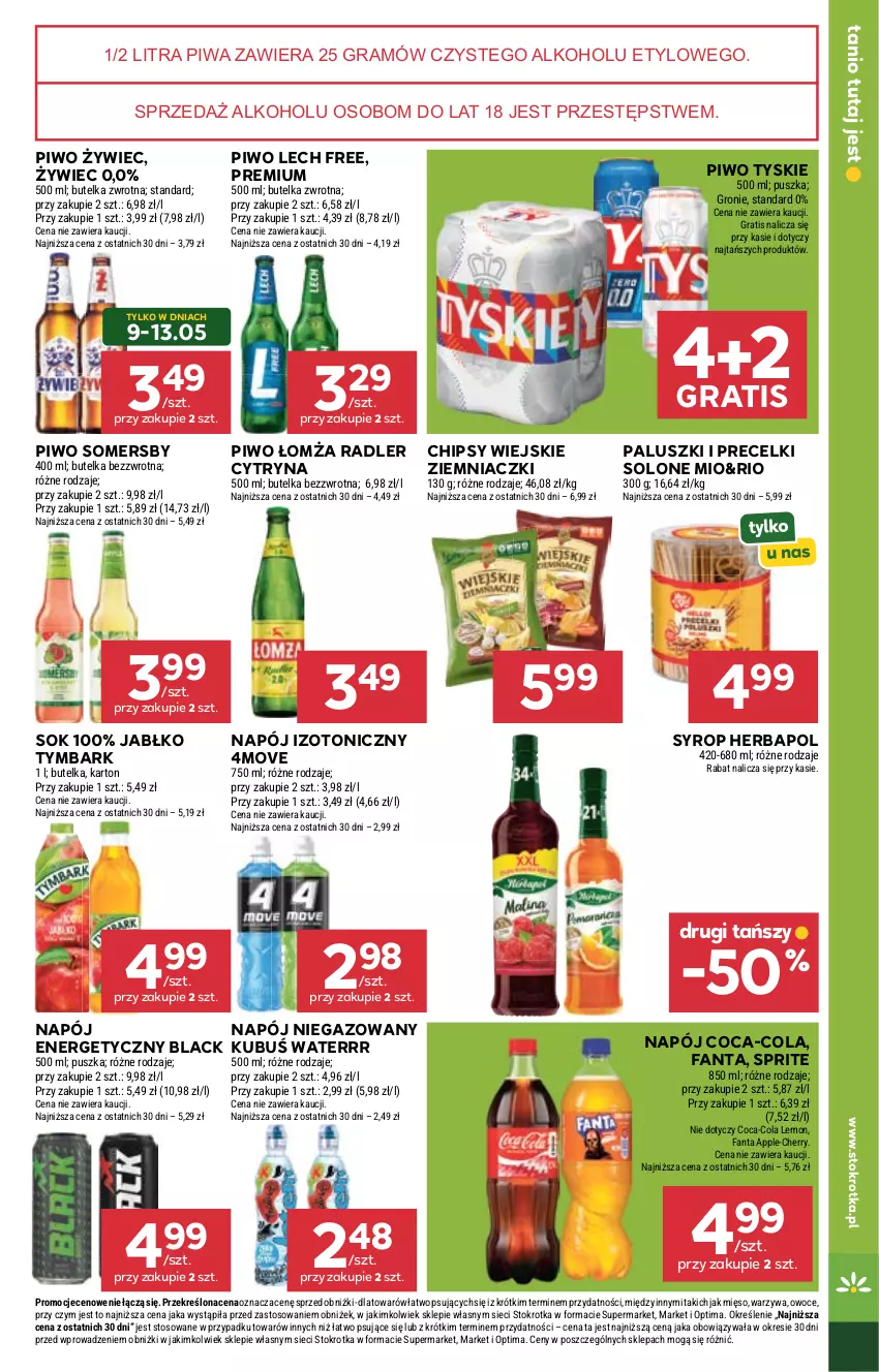 Gazetka promocyjna Stokrotka - Market - ważna 07.05 do 13.05.2026 - strona 34 - produkty: Chipsy, Coca-Cola, Fa, Fanta, Gra, Herbapol, Kubuś, Kubuś Waterrr, Lack, Mięso, Napój, Napój izotoniczny, Napój niegazowany, Optima, Owoce, Piwa, Piwo, Precelki, Radler, Sok, Somersby, Sprite, Syrop, Tymbark, Tyskie, Warzywa