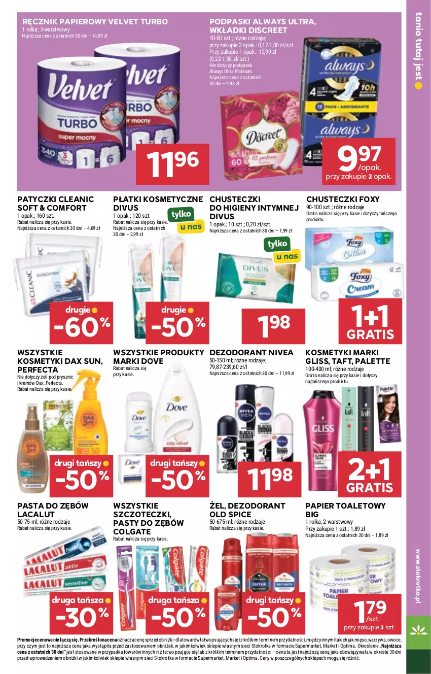 Gazetka promocyjna Stokrotka - Market - ważna 07.05 do 13.05.2026 - strona 36 - produkty: Always, Always Ultra, Chusteczki, Cleanic, Colgate, DAX, Dezodorant, Discreet, Dove, Foxy, Gra, Lacalut, LG, Mięso, Nivea, Old Spice, Optima, Owoce, Palette, Papier, Papier toaletowy, Pasek, Pasta do zębów, Perfecta, Płatki kosmetyczne, Podpaski, Ręcznik, Taft, Velvet, Warzywa, Wkładki